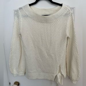 Cream/Off White Knit Sweater With Tie & balloon sleeves